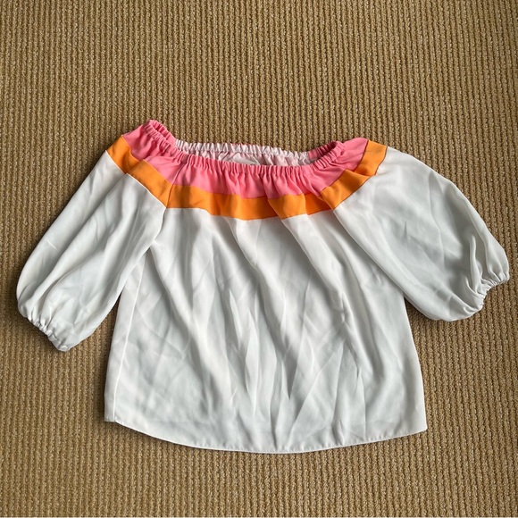 Trina Turk Luella Top Pink Orange White Off the Shoulders Whitewash SZ XS - Picture 3 of 13